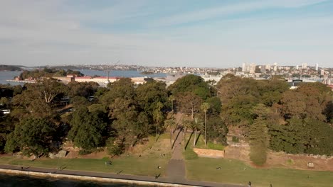vista aérea del jardín botánico real y el horizonte de cbd en la costa de la bahía de sydney