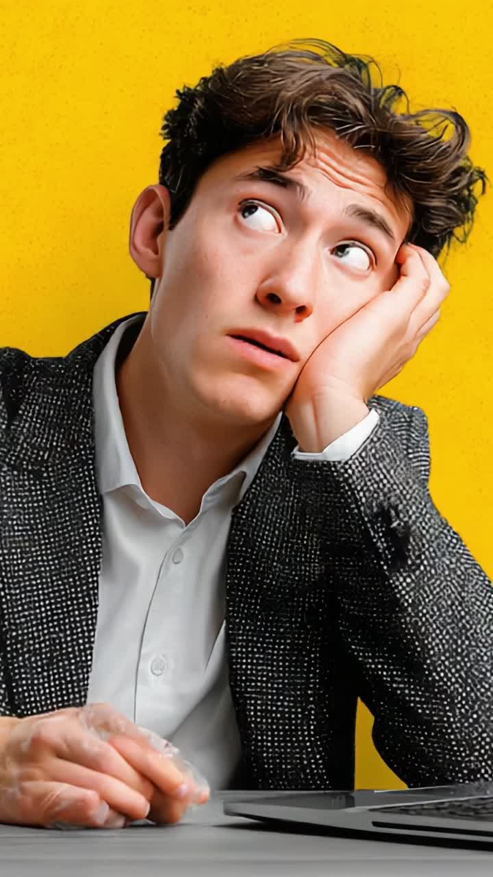 A young man in a stylish suit shows signs of boredom and fatigue while working at a desk, gazing upwards with a thoughtful expression against a vibrant yellow background