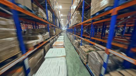 fpv flight between the racks with boxes inside the merchandise warehouse