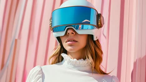 a woman wearing a white dress and a blue helmet