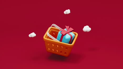animación de bucle de la canasta de compras y regalos, renderización en 3d.