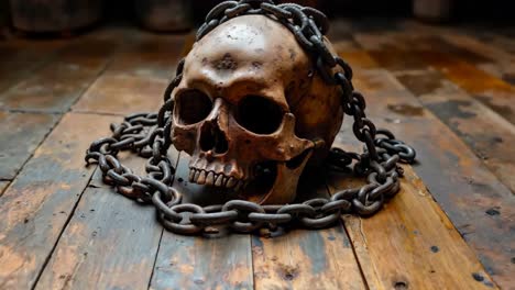 a skull with a chain around it on a wooden table