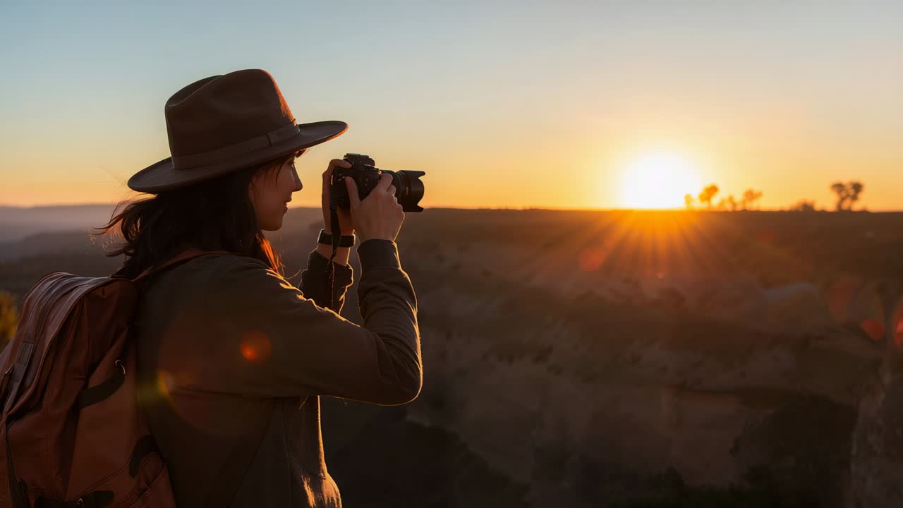 Holding camera, woman with hat backpack shooting sunrise at canyon as sun climbs ridge, copy space