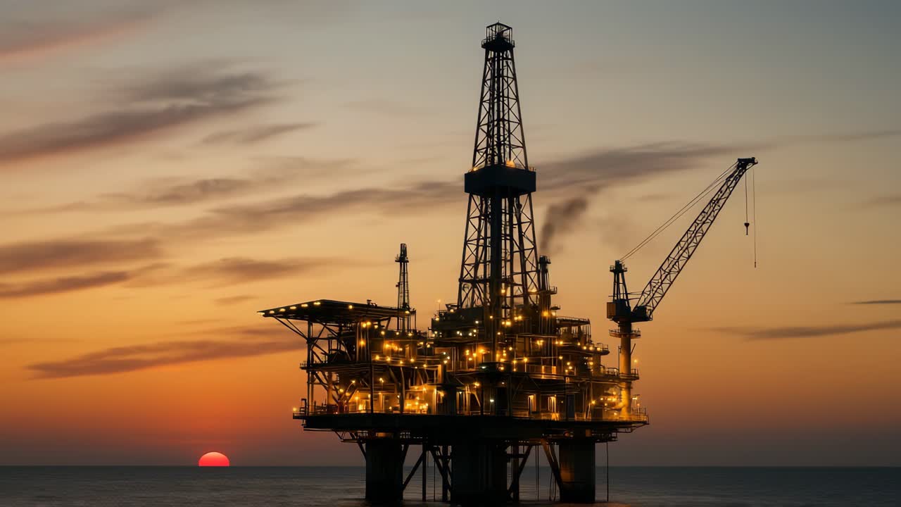 Silhouette of an offshore oil rig at sunset, captured from a low angle