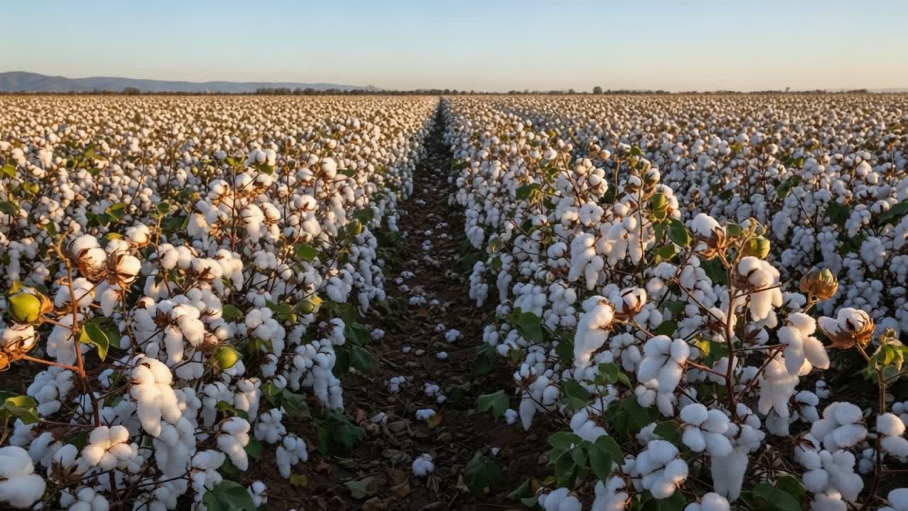 Expansive Cotton Field Bathed in Golden Light: A Tranquil Scene of Agriculture Surrounded by Nature Under a Clear Sky