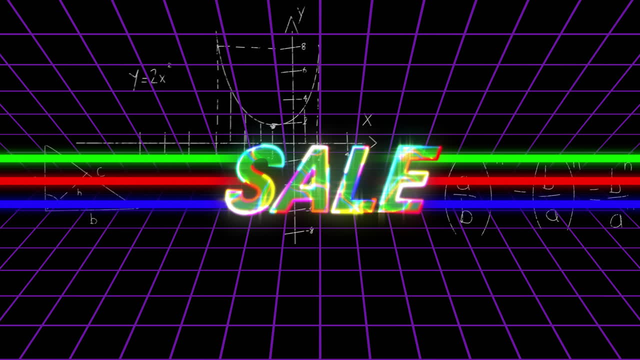 Colorful neon SALE animation with stripes on retro grid background