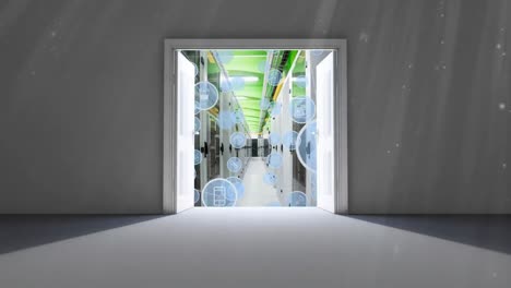 Dark doors opening on a server room with icons flying