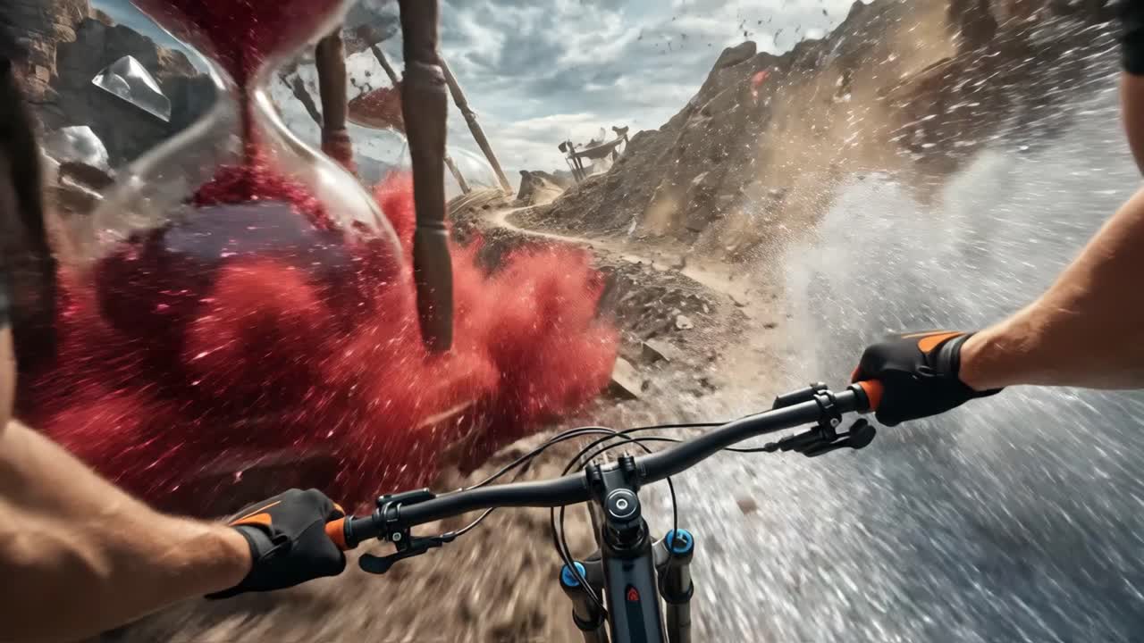 Vista in prima persona di mountain bike attraverso un paesaggio surreale con clessidre che si rompono