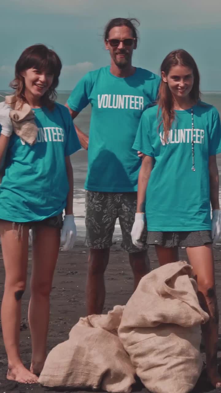 Joy team caucasian volunteers completed cleaning up trash from beach