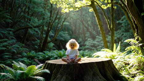 child sitting on a tree stump in a magical forest