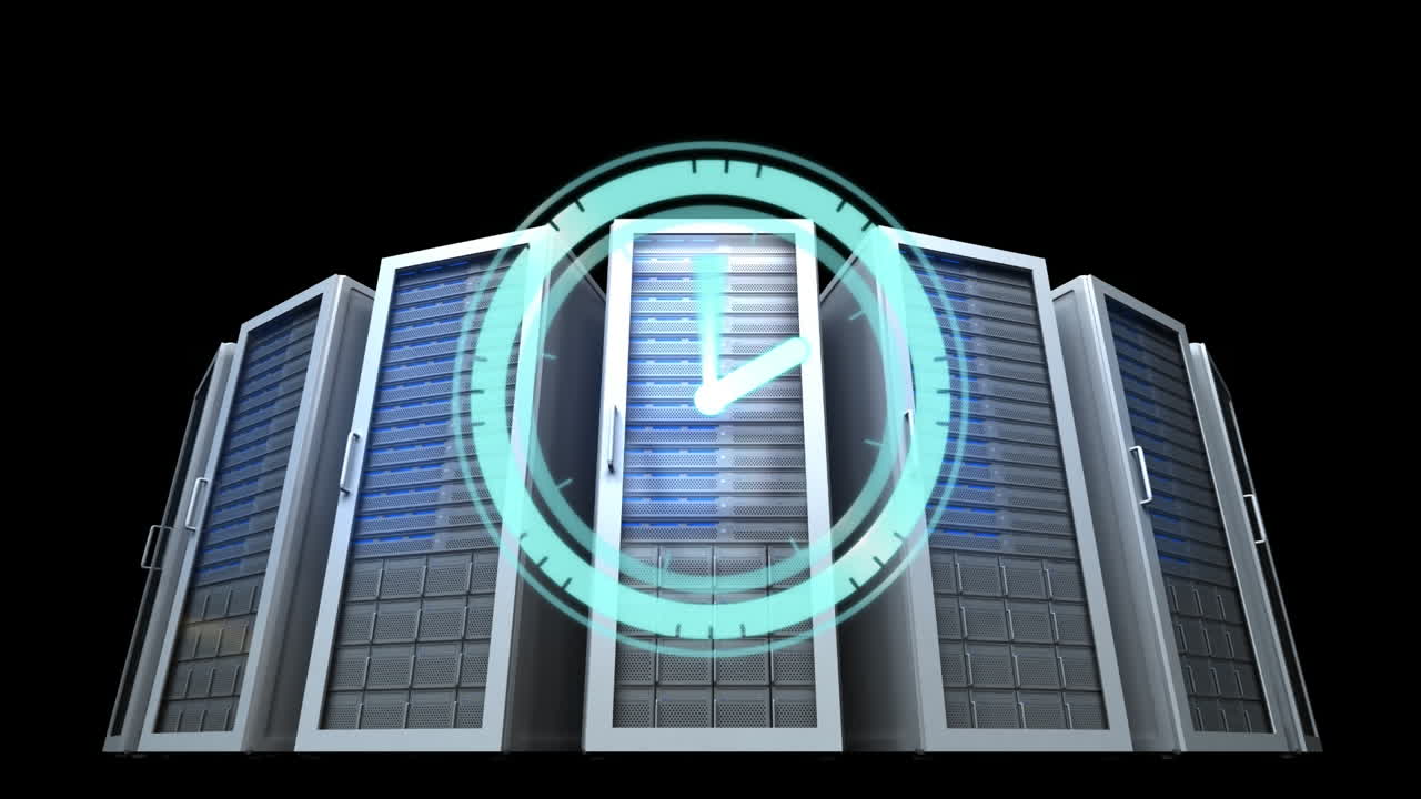 Animation of clock moving fast over computer servers