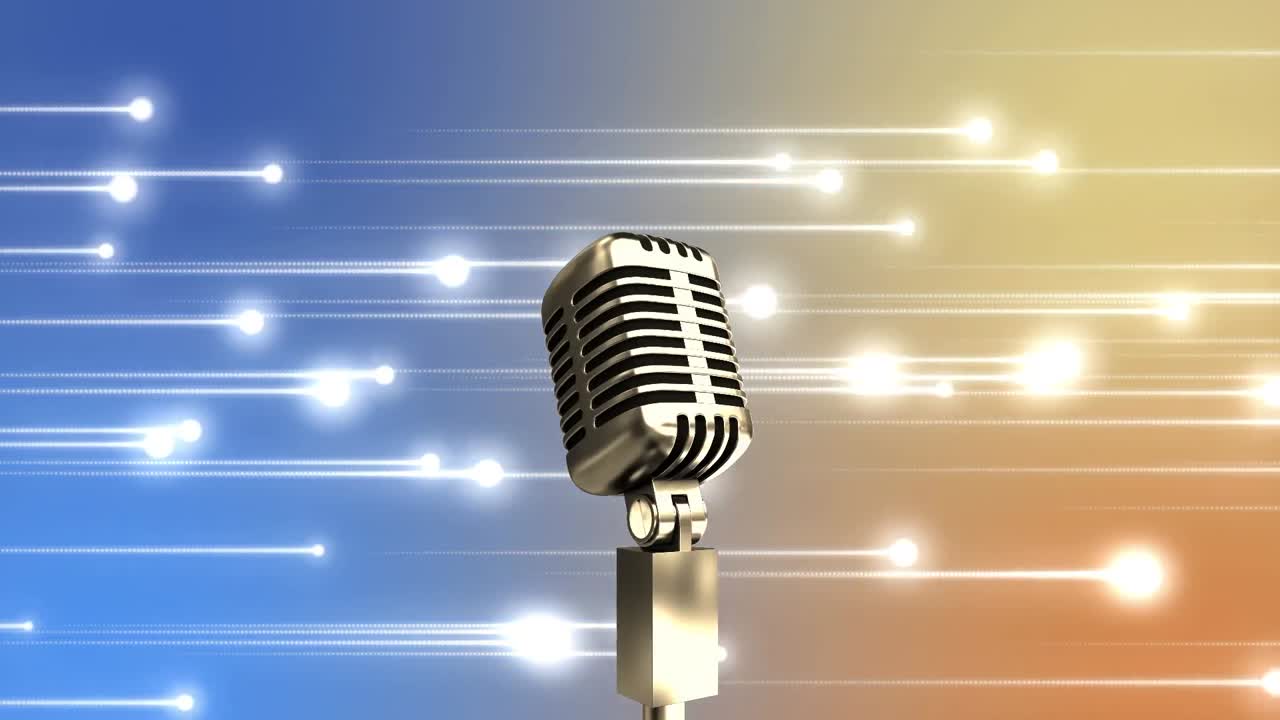 animación del micrófono sobre rastros de luz brillante contra un fondo de gradiente azul y naranja