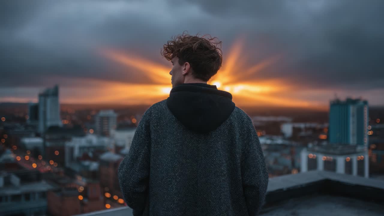 A Solitary Figure Gazing at a Stunning Sunset over a City Skyline, Capturing the Transition of Day to Night Amidst Dramatic Clouds and Vibrant Colors