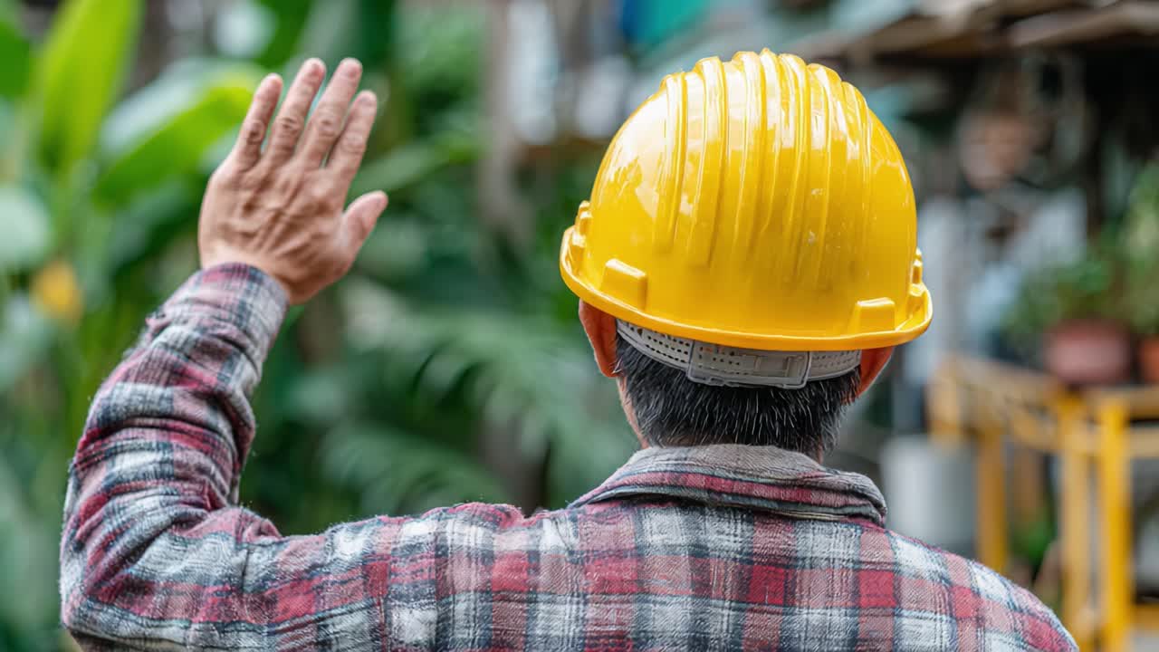 Un operaio edile con un cappello giallo saluta mentre si trova in un ambiente verde e lussureggiante, mettendo in mostra un mix di sicurezza, natura e addio