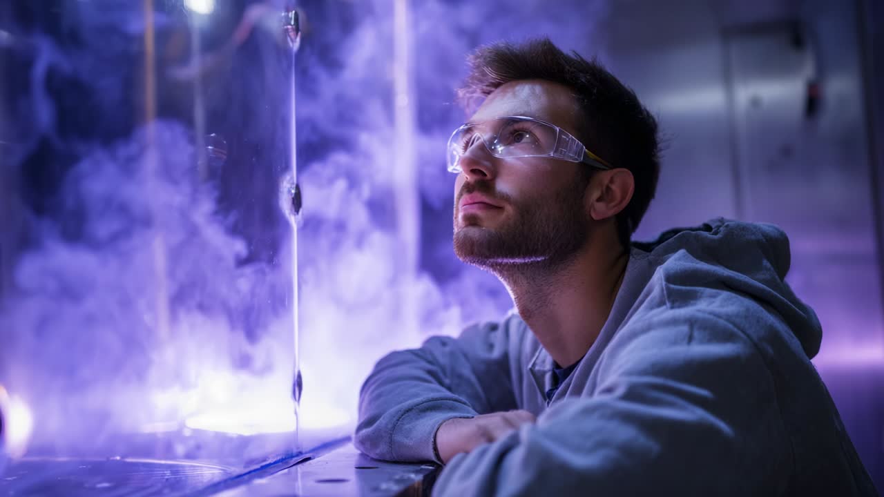 A contemplative moment captured in a vibrant, colorful atmosphere, featuring a young man observing mesmerizing smoke effects and reflections while wearing protective eyewear in a scientific or artistic setting