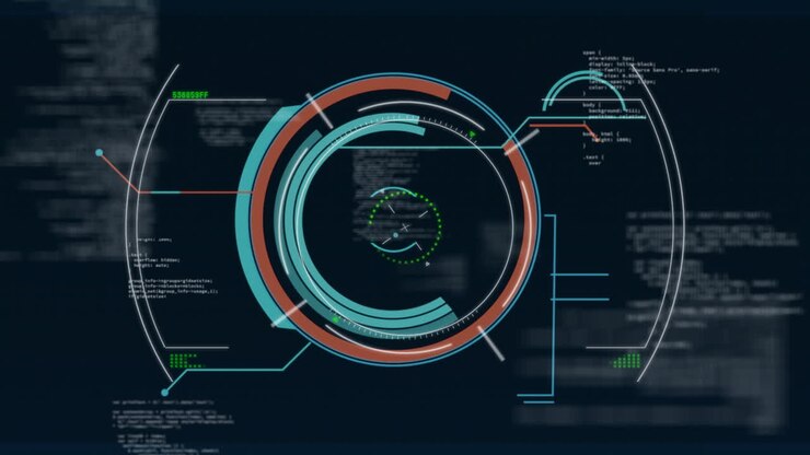 Animation of scope scanning over diagrams and data processing on black background