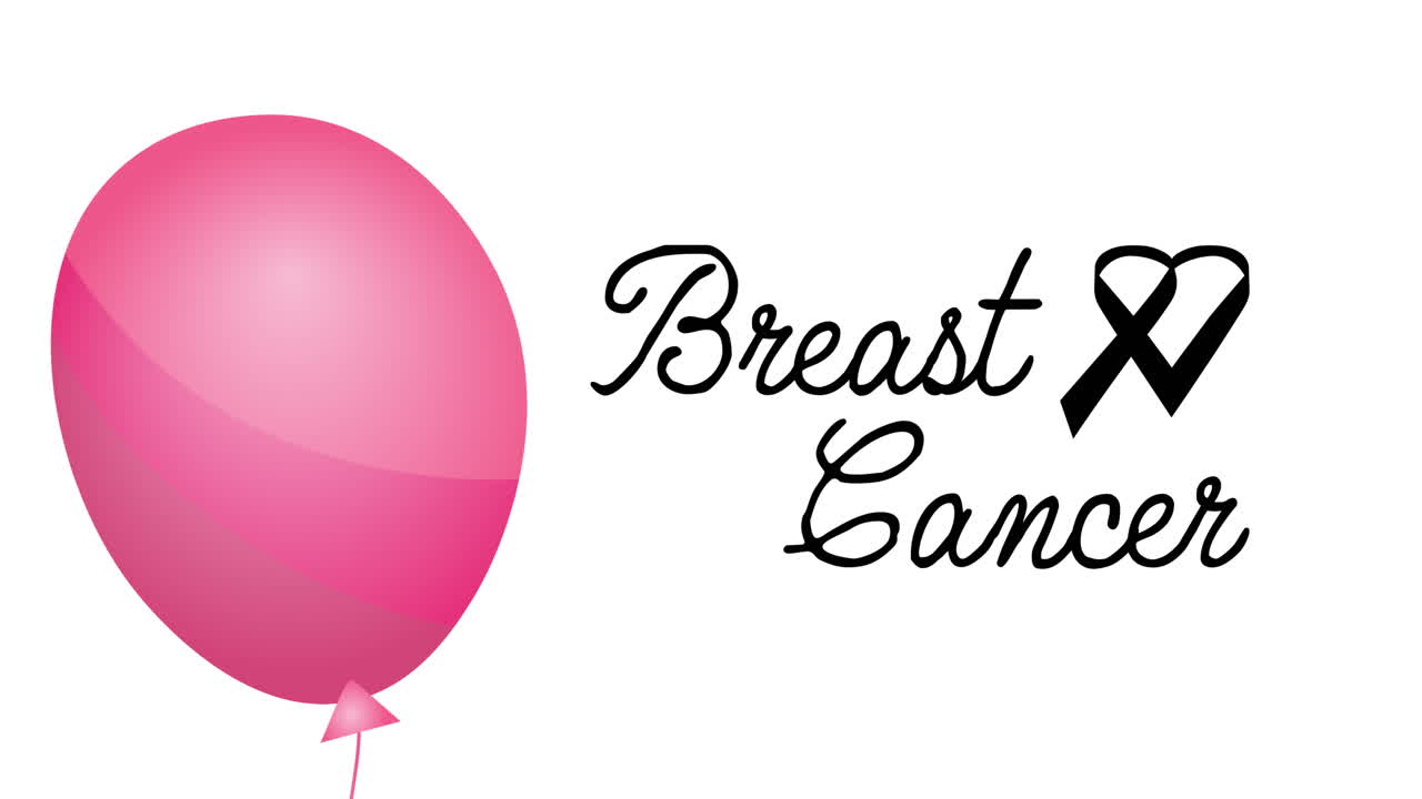 리본 로고와 유방암 텍스트 위에 날아다니는 분홍색 풍선의 애니메이션