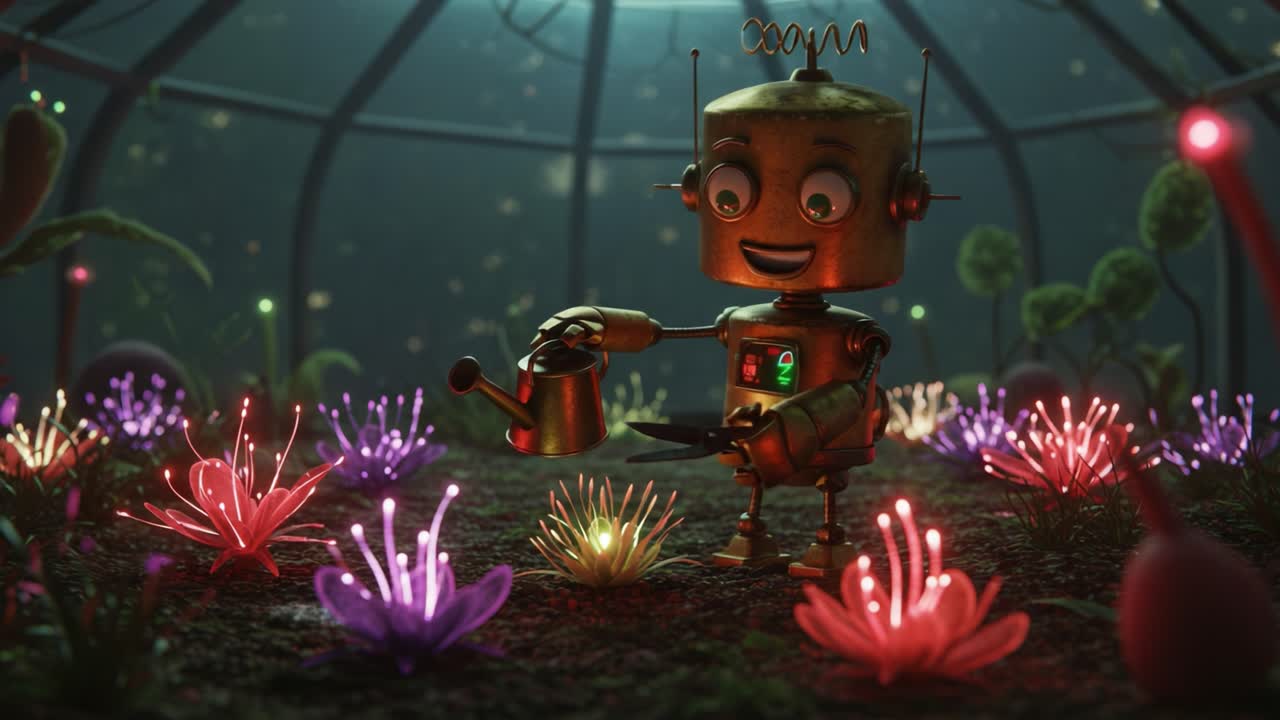 A cheerful robot lovingly waters vibrant, glowing flowers in a serene, imaginative greenhouse, showcasing the beauty of nature and technology in harmony