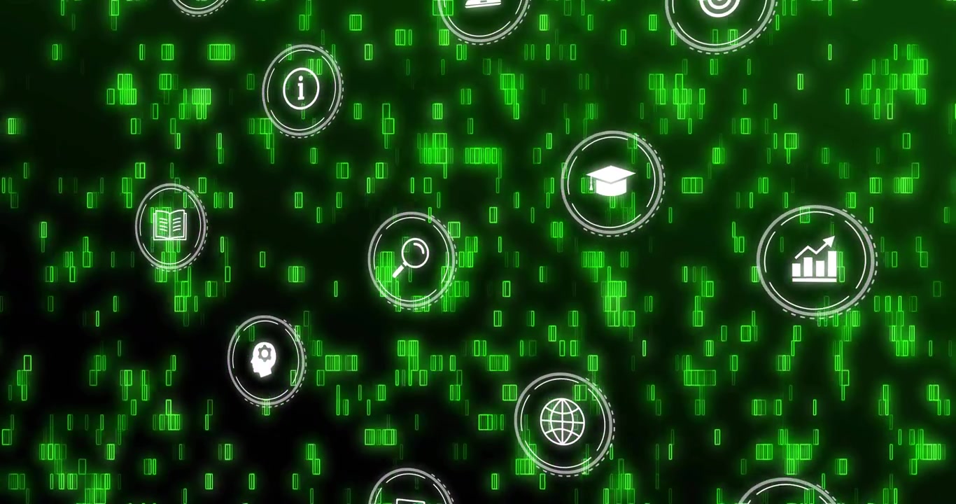 Pixelated green code rising upward starting tech icons pulsing, drifting down, fading for data flow