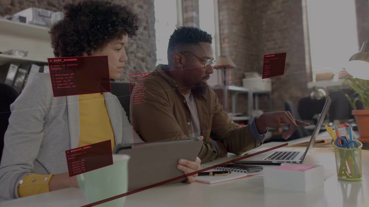 Man tapping laptop, woman glancing tablet, red HUD appearing, colleagues reviewing business content