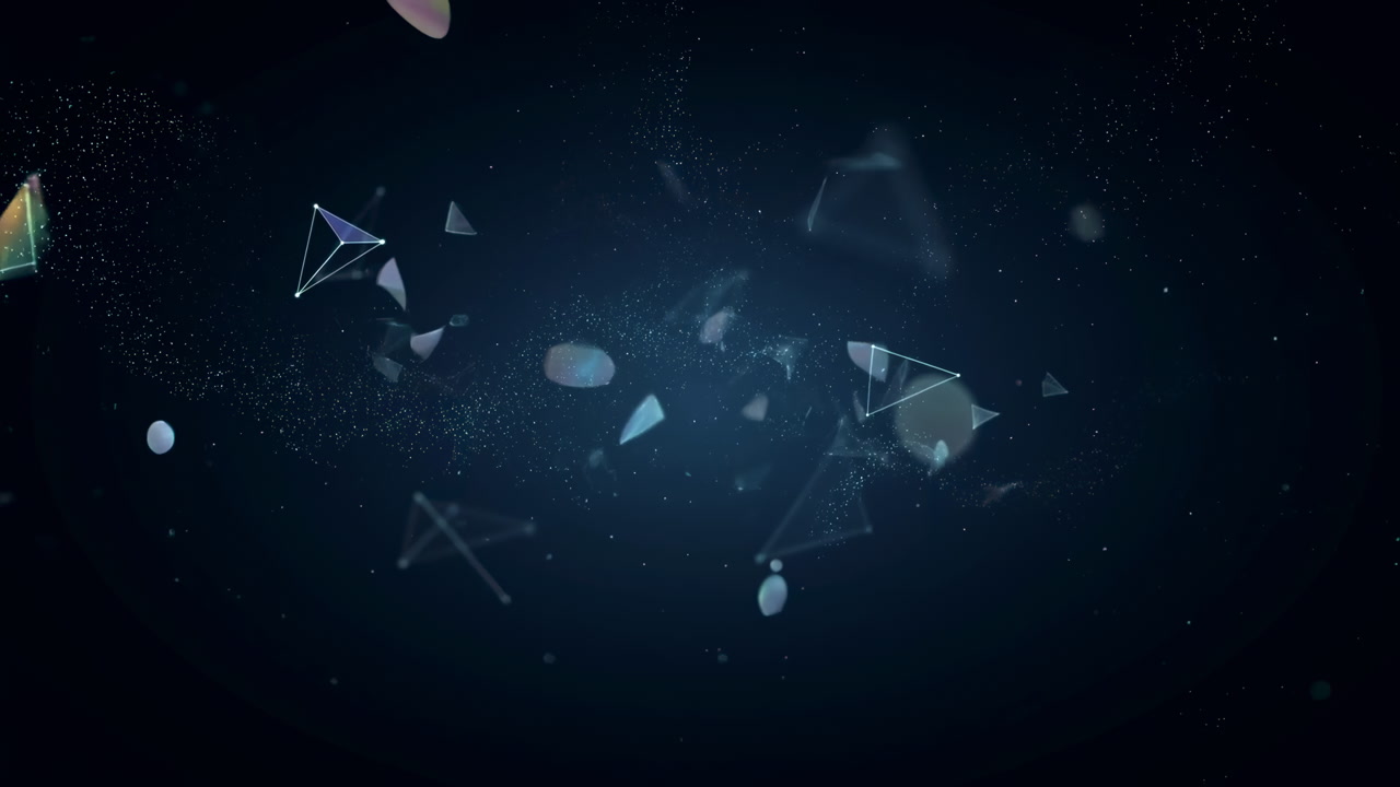 Dark Particle Field With Floating Triangles, Deep Blue Glow, Drifting Dust And Prism Shards, Slow Cinematic