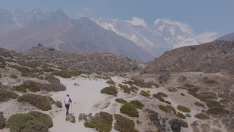 a tourist hikes along dingboche trails enroute to everest base camp. drone captures dry yet majestic himalayan landscape of nepal’s adventure trek experience lifetime, himalaya and hills travel
