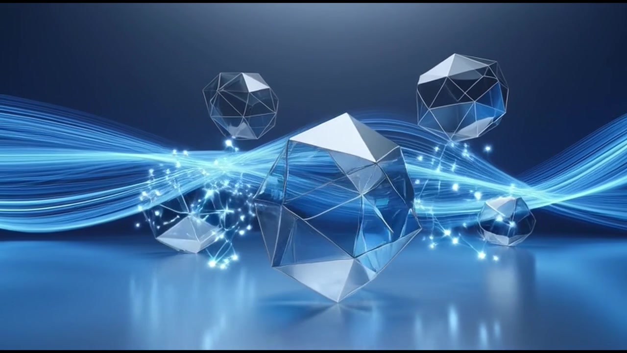 Abstraktit geometriset muodot ja hehkuvat valoaallot sinisessä tilassa