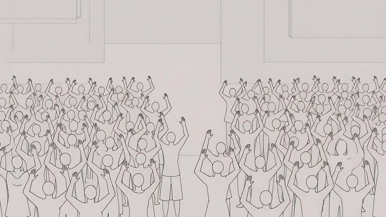 Stepping figures moving down auditorium aisle, platform drawing attention, crowd holding devices