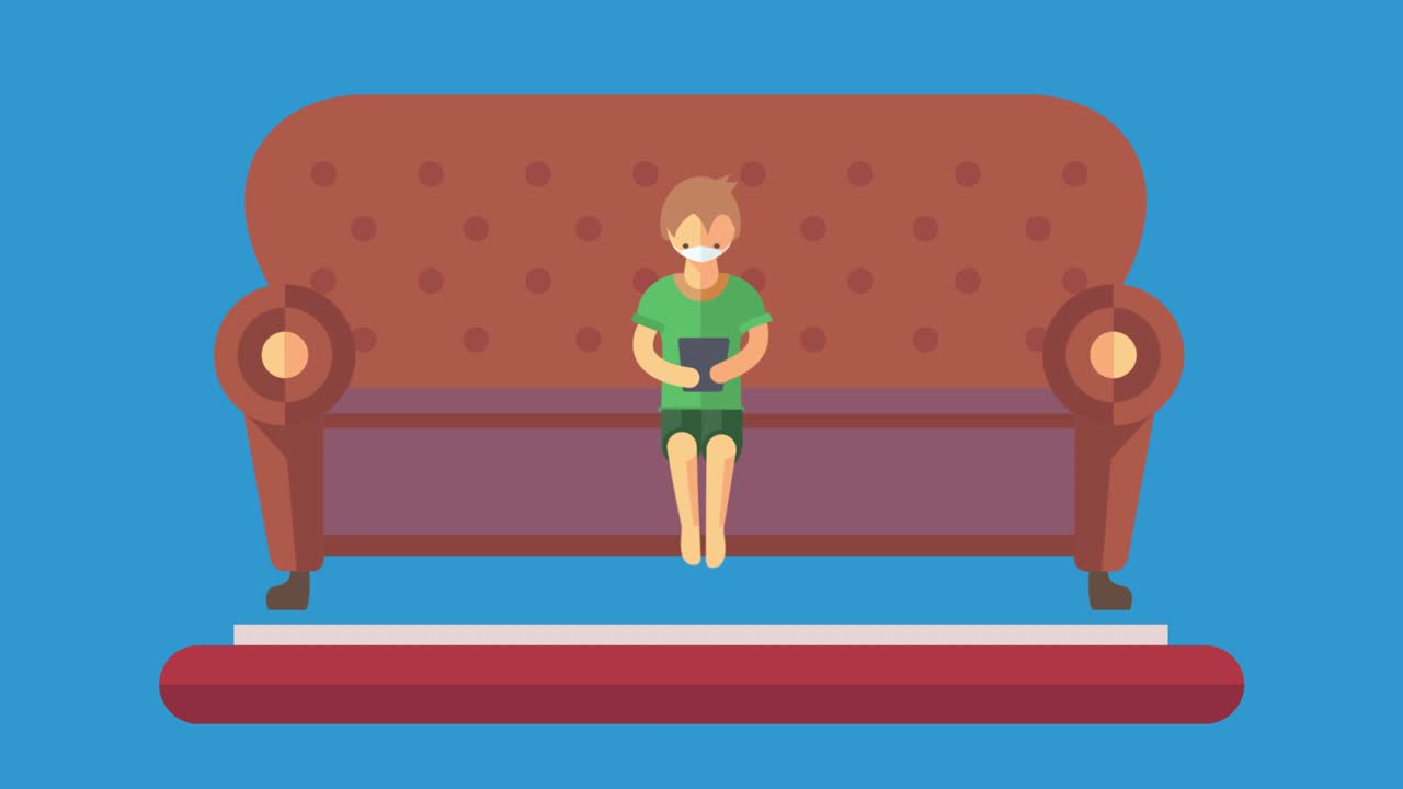 방역에서 보호 마스크를 착용한 아이가 태블릿에 앉아 집에서 자가 격리되어 있습니다.