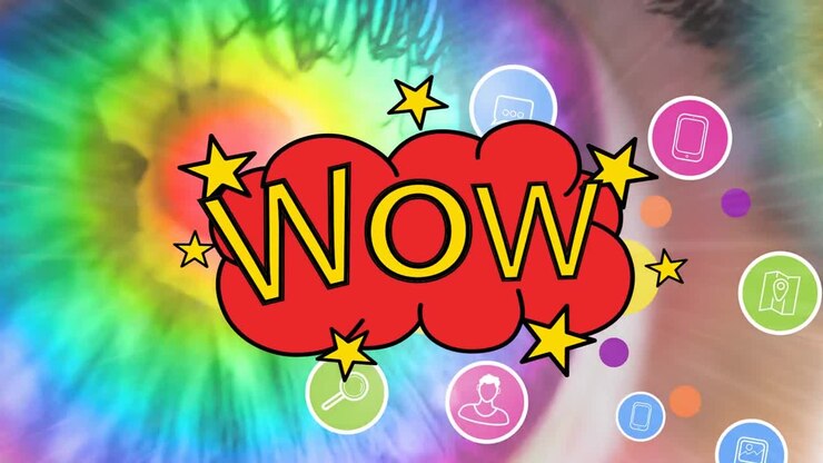 Animazione digitale del testo "wow" su fumetto e icone digitali, su primo piano di occhio umano.