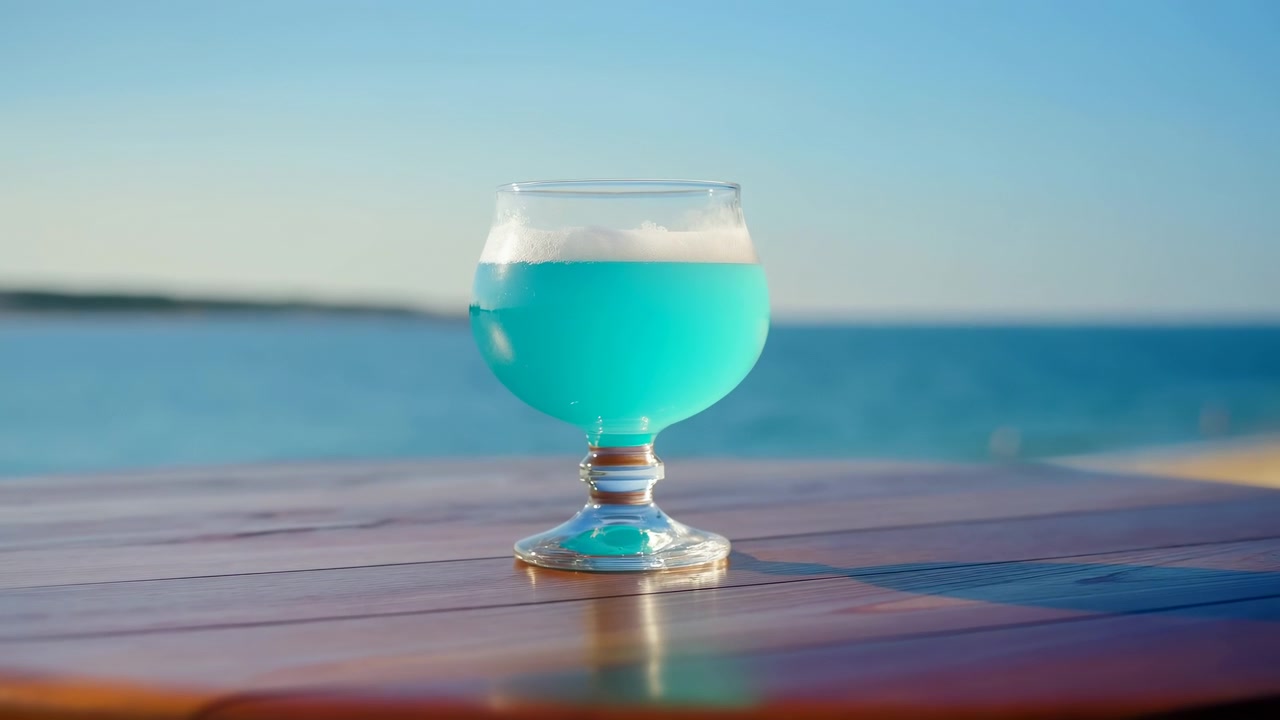 Bevanda turchese brillante rimane centrata su una superficie di legno riflettente mentre la luce del sole evidenzia il bicchiere trasparente e la schiuma in superficie, mentre acqua calma e una bassa costa distante riempiono lo sfondo