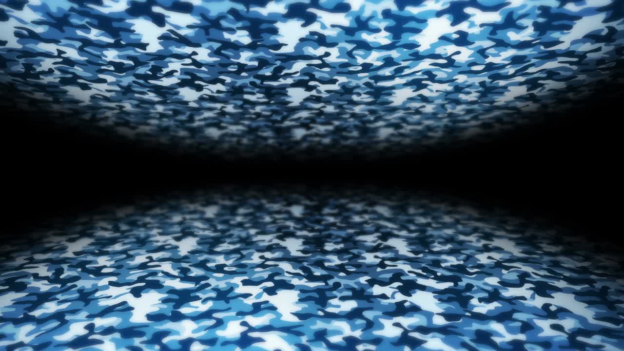 Blue camouflage pattern background. Military uniform concept. Abstract line and wave texture. Loop animation.