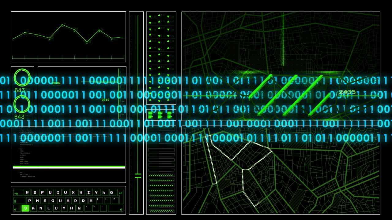 Animation of digital data processing binary coding over black background