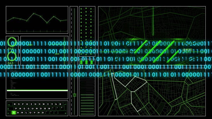 Animation of digital data processing binary coding over black background