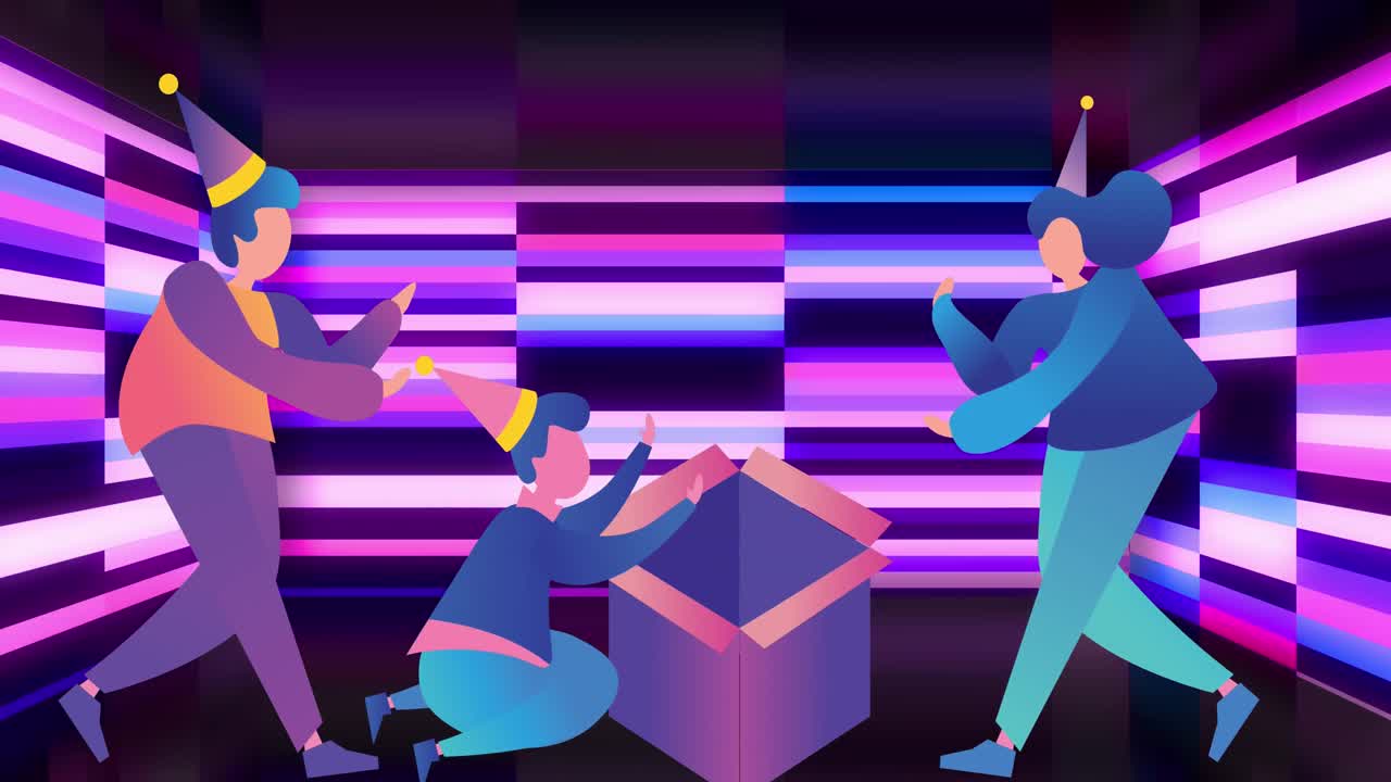 Animaatio juhlivista ihmiskuvakkeista violettien ja sinisten välkkyvien muotojen yllä mustalla taustalla.