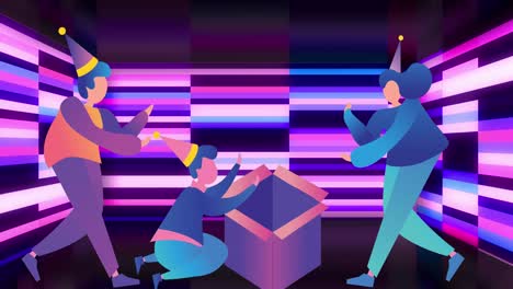 animación de personas que celebran iconos sobre formas parpadeantes púrpuras y azules sobre fondo negro