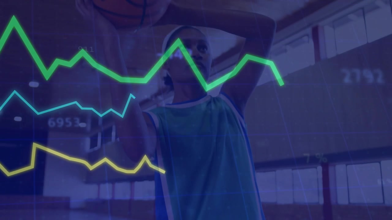 Camera rising, female player dribbling to shooting while data overlay crossing player for training