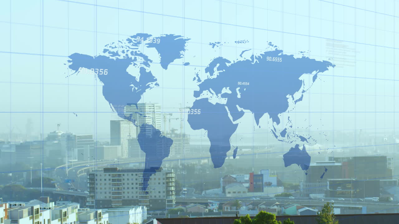 도시 풍경 위의 세계 지도 및 금융 데이터 처리의 애니메이션