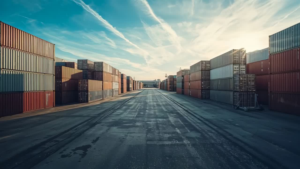 Dronekamera i bevægelse, der bevæger sig fremad gennem containergård og afslører containere, dækmærker, palleløfter