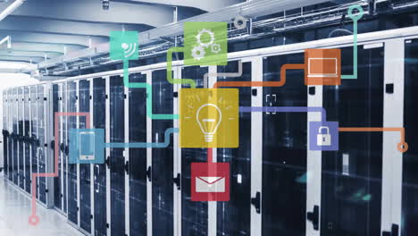 Animation-of-network-of-connections-with-icons-and-data-processing-over-computer-servers