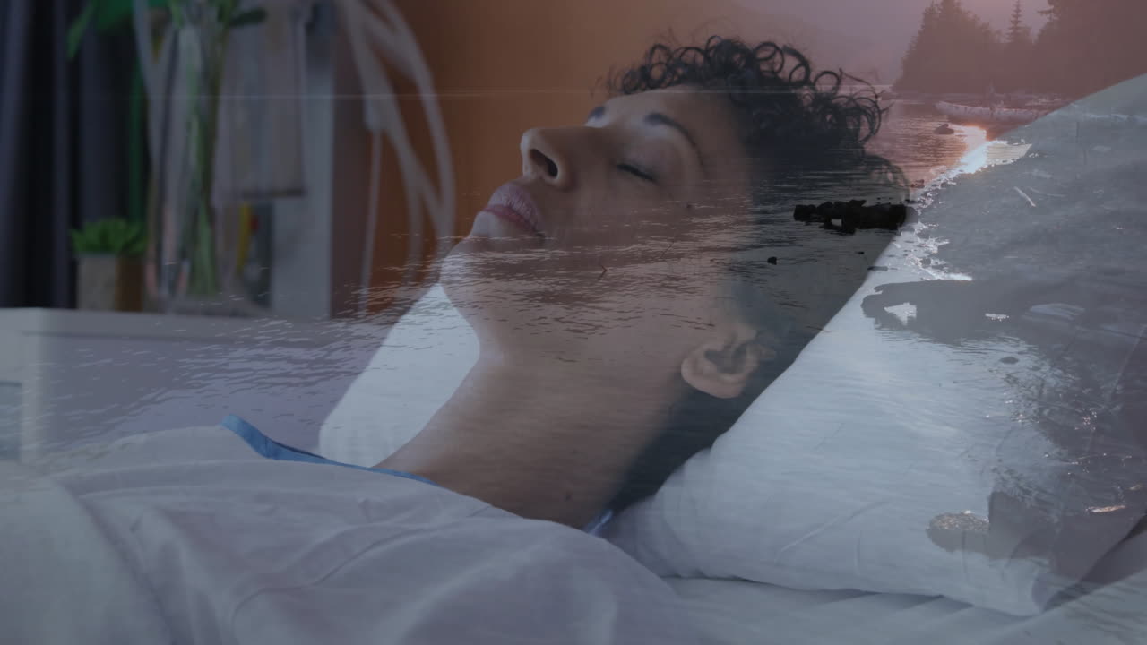 Resting in hospital bed, person with serene ocean waves animation overlay