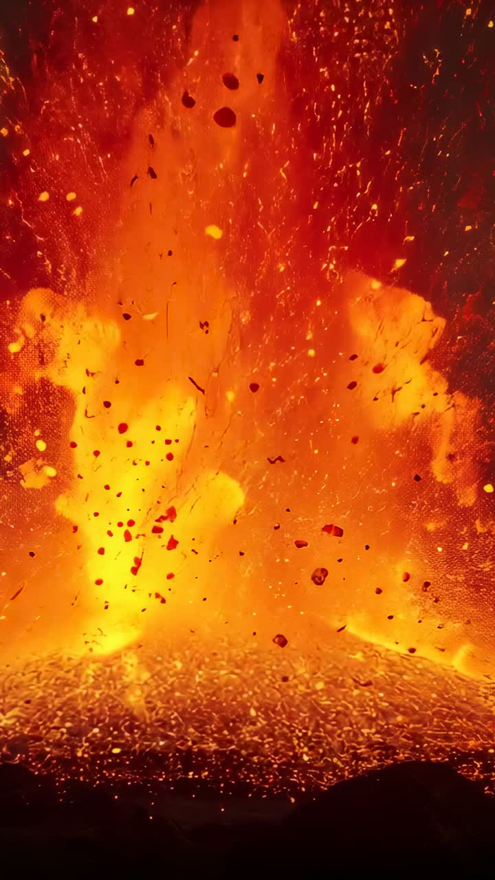 Vertical video: Erupting lava fountain releasing magma at vent at night, scattering glowing sparks