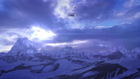 un ovni alienígena flotando sobre las montañas nevadas.