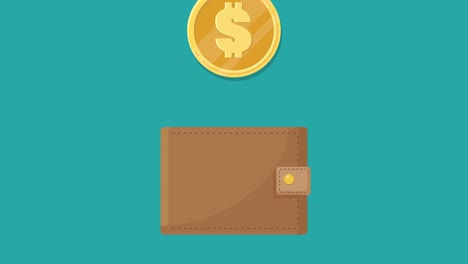 reabastecimiento de la bolsa con monedas de dólar. animación de dibujos animados de la billetera con dinero. símbolo de ahorro en efectivo. concepto de negocio de recaudación de fondos. contribución financiera a la caridad o donación. canal alfa. 4k