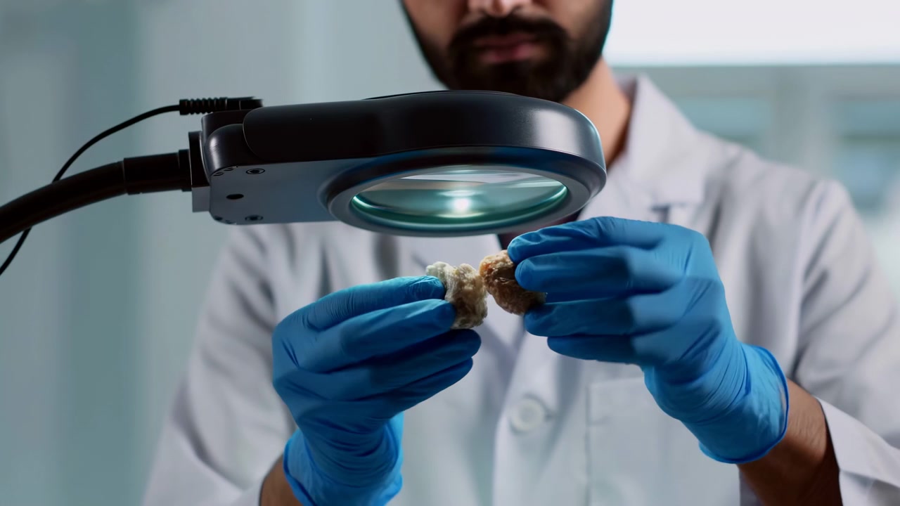 Blue gloved hands gently turn and inspect a small textured brown sample beneath circular magnifying light, while person in white coat remains centered against softly blurred interior.