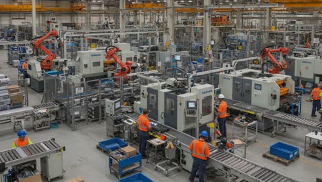 an efficient industrial robotics setup showcasing automation and workforce synergy in a modern manufacturing environment