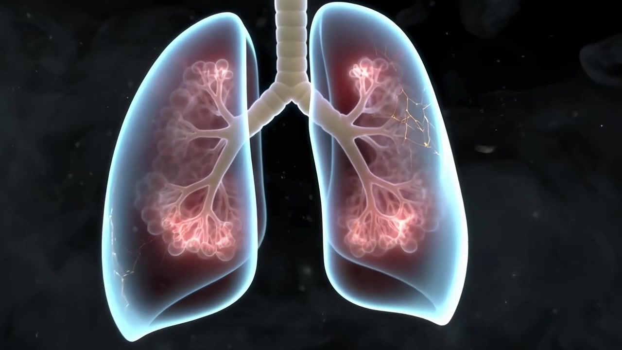 Animazione medica 3D di polmoni umani e sistema respiratorio.