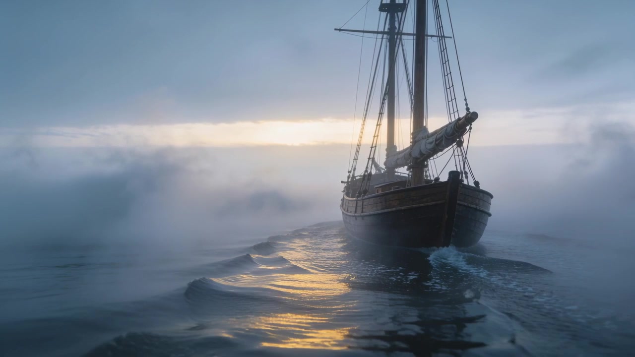 Ein hölzernes Zweimastschiff segelt und zieht eine Kielwelle in nebliger See, während der Horizont heller wird, mit geborgenen Segeln.
