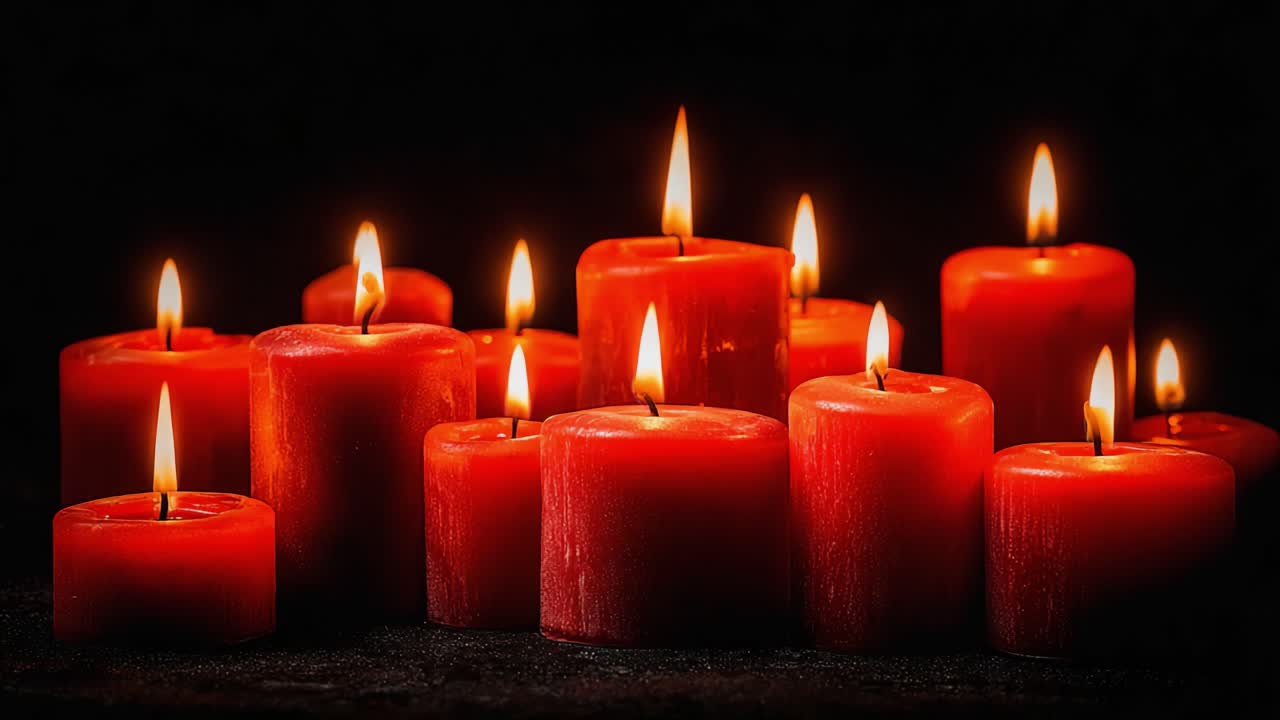 Una splendida composizione di candele rosse accese che illuminano l'oscurità, perfetta per creare un'atmosfera accogliente e calda in qualsiasi ambiente.