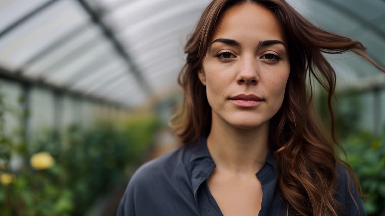 Giovane donna seria che guarda in camera in serra